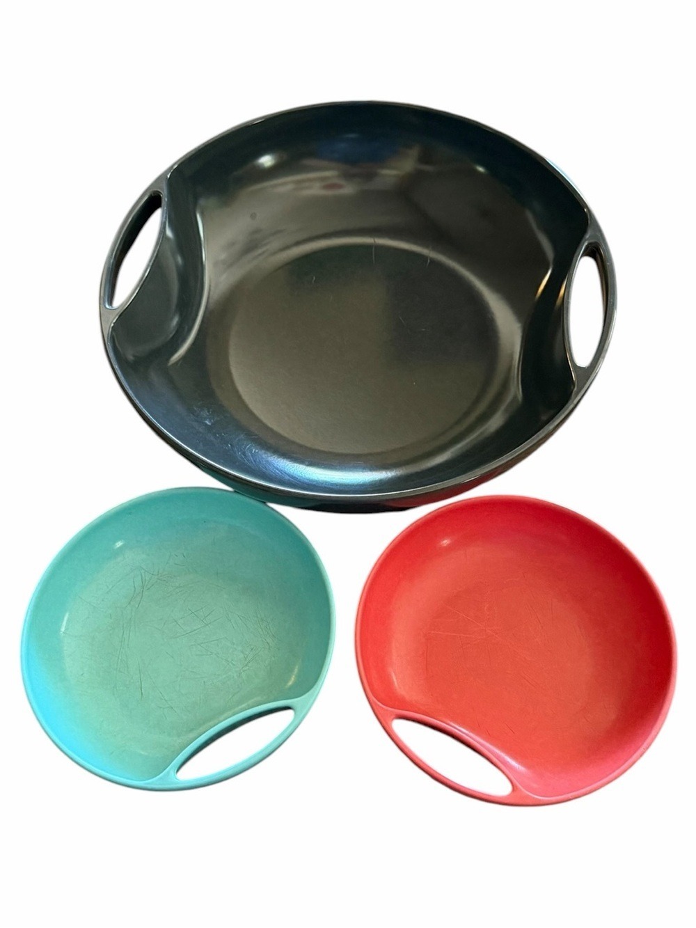 Branchell MCM Melmac Atomic Age 50’s Loop Handles Charcoal Aqua Flame Pink Bowls